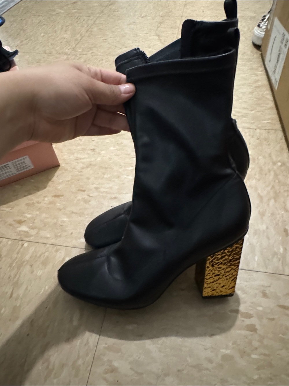 Topshop Black Stretch Boot with Textured Gold Block Heel